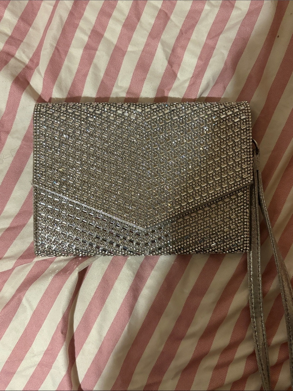 Silver Crystal-Embellished Envelope Clutch with Wristlet